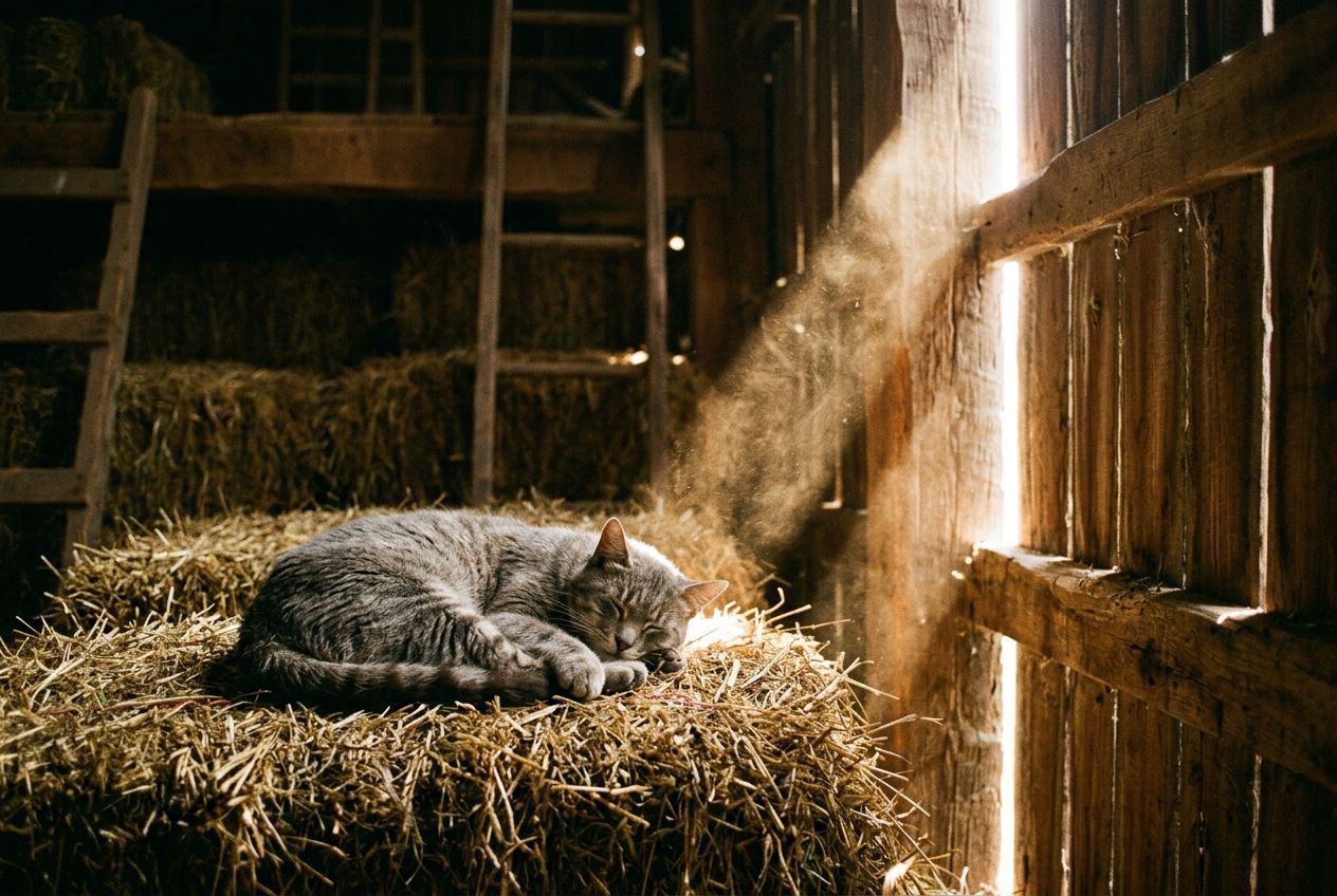A gray barn cat asleep on hay bales in a dusty sunbeam