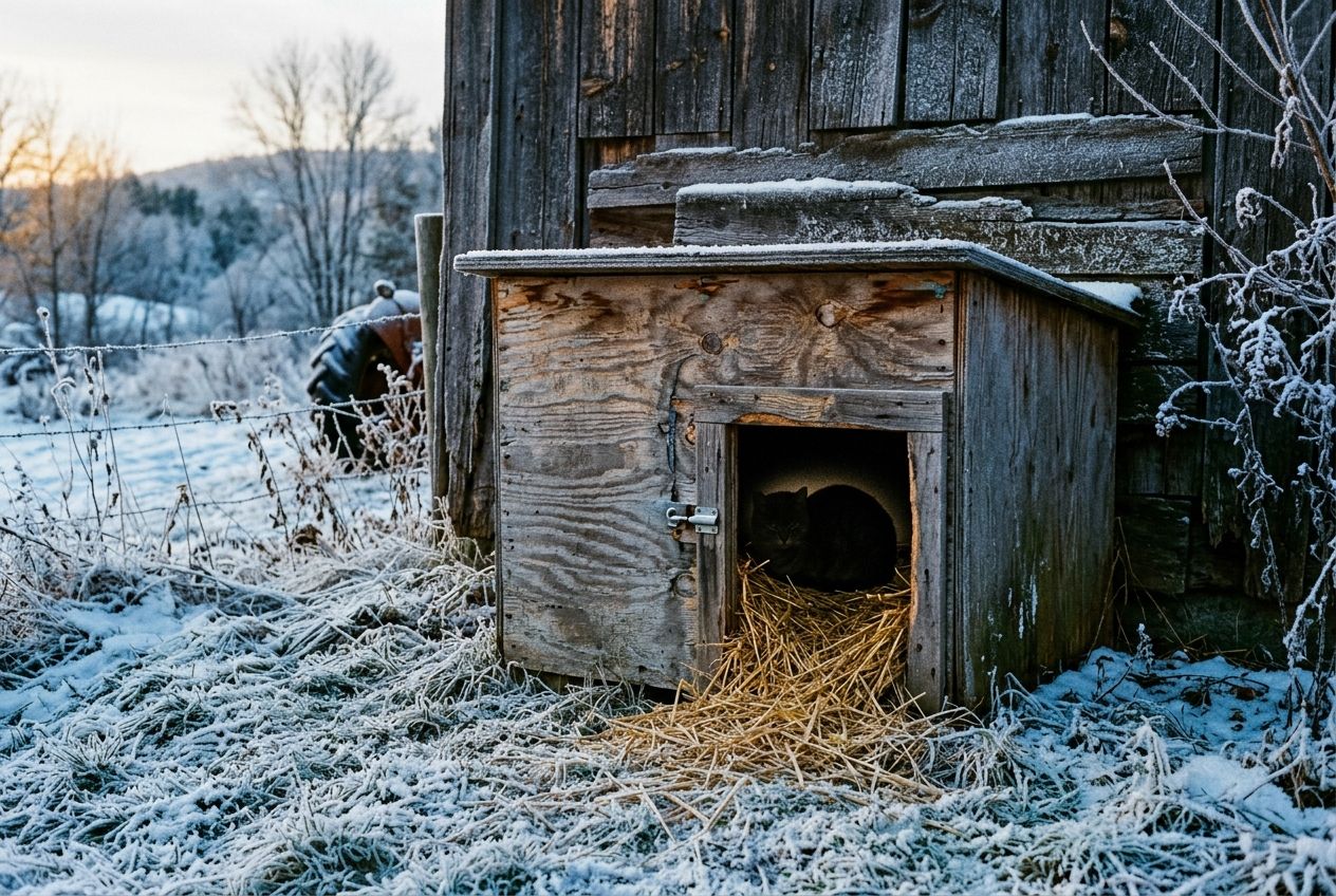 An insulated plywood cat shelter against a barn wall on a frosty morning