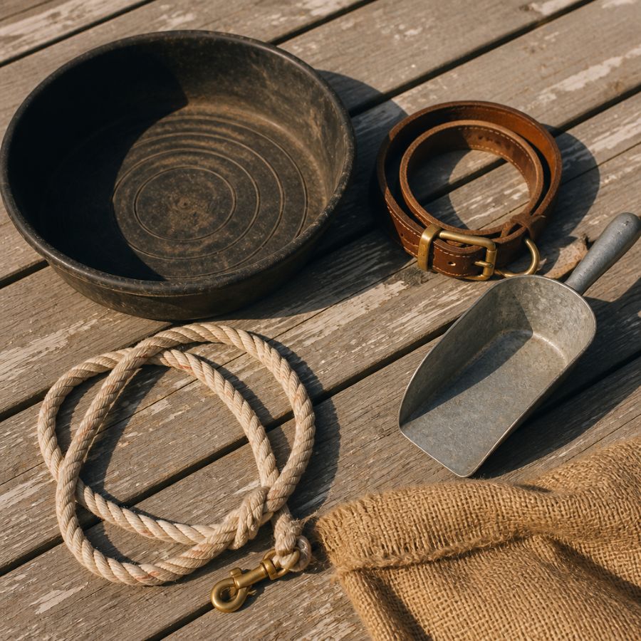 Stoneware crock among porch goods