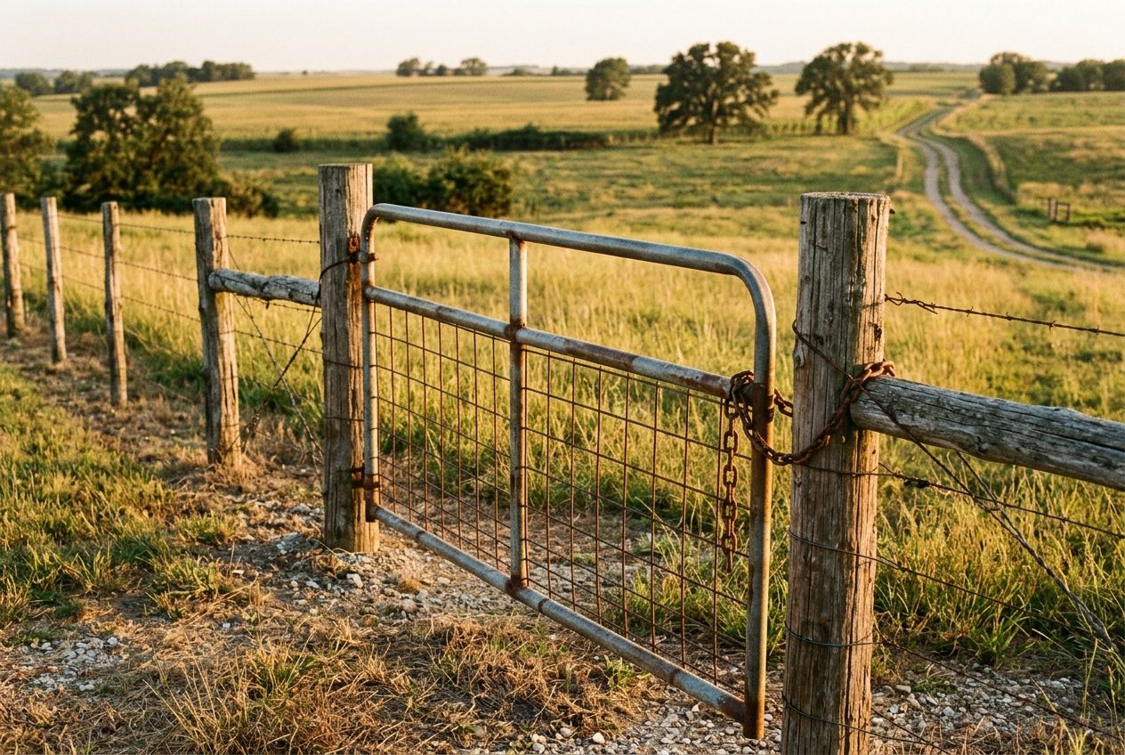 A pipe farm gate in a cedar-post fence line at golden hour
